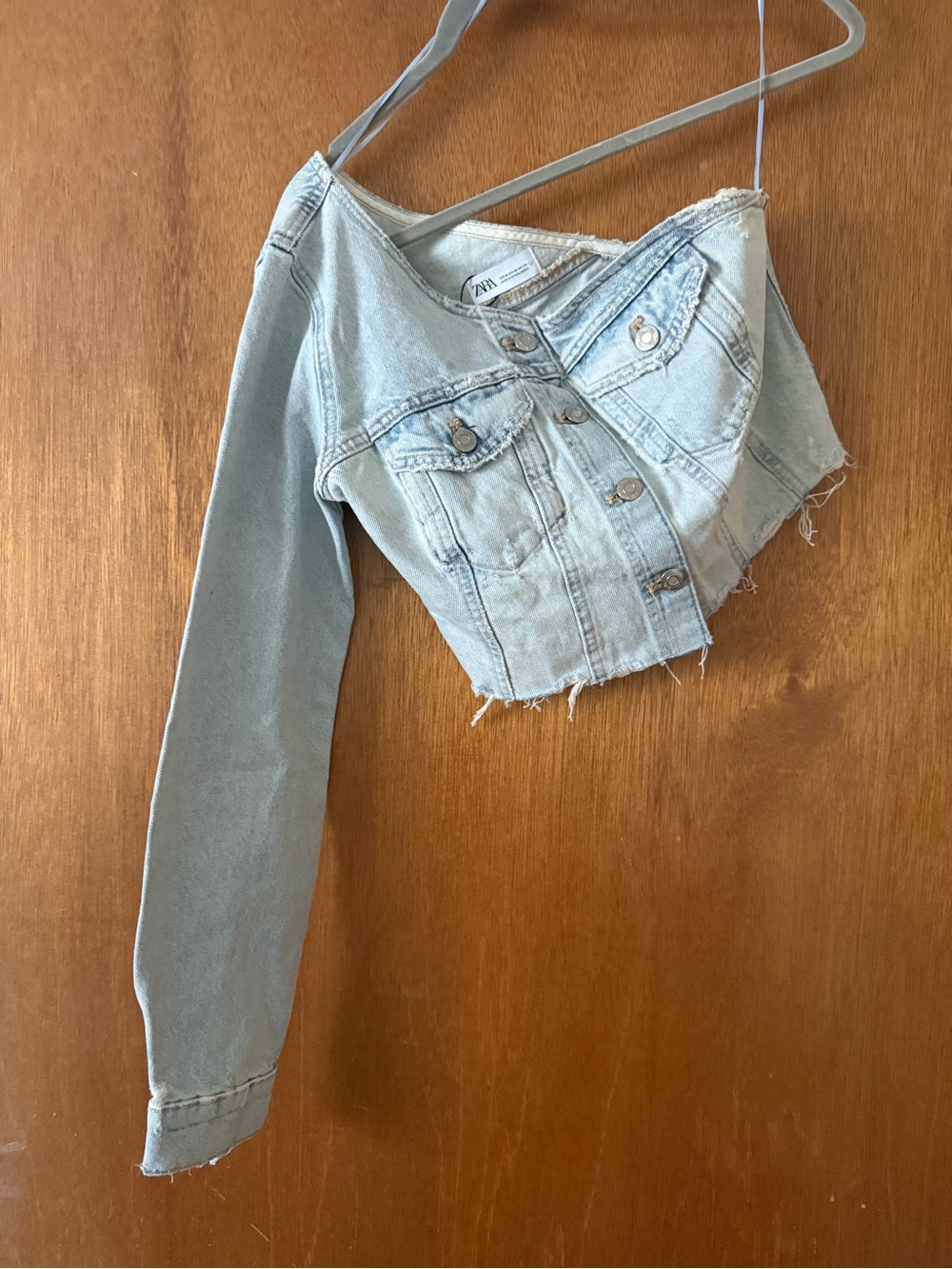 Zara Light Wash Asymmetric One-Sleeve Denim Crop Top